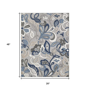 2' X 4' Blue Gray Jacobean Floral Indoor Outdoor Area Rug