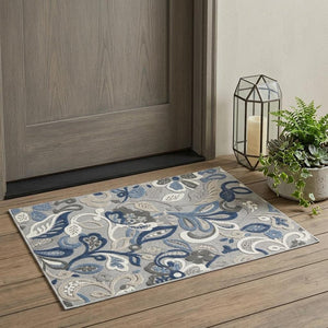 2' X 4' Blue Gray Jacobean Floral Indoor Outdoor Area Rug