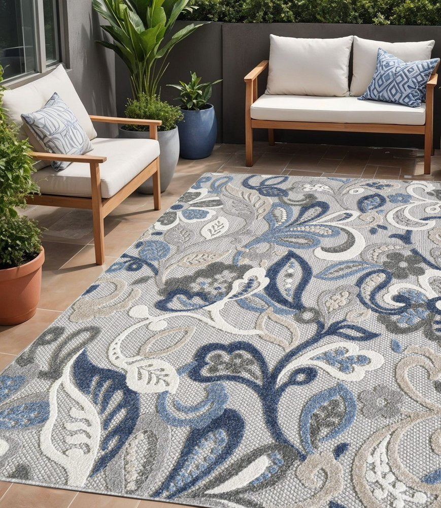 5' X 7' Blue And Gray Floral Indoor Outdoor Area Rug