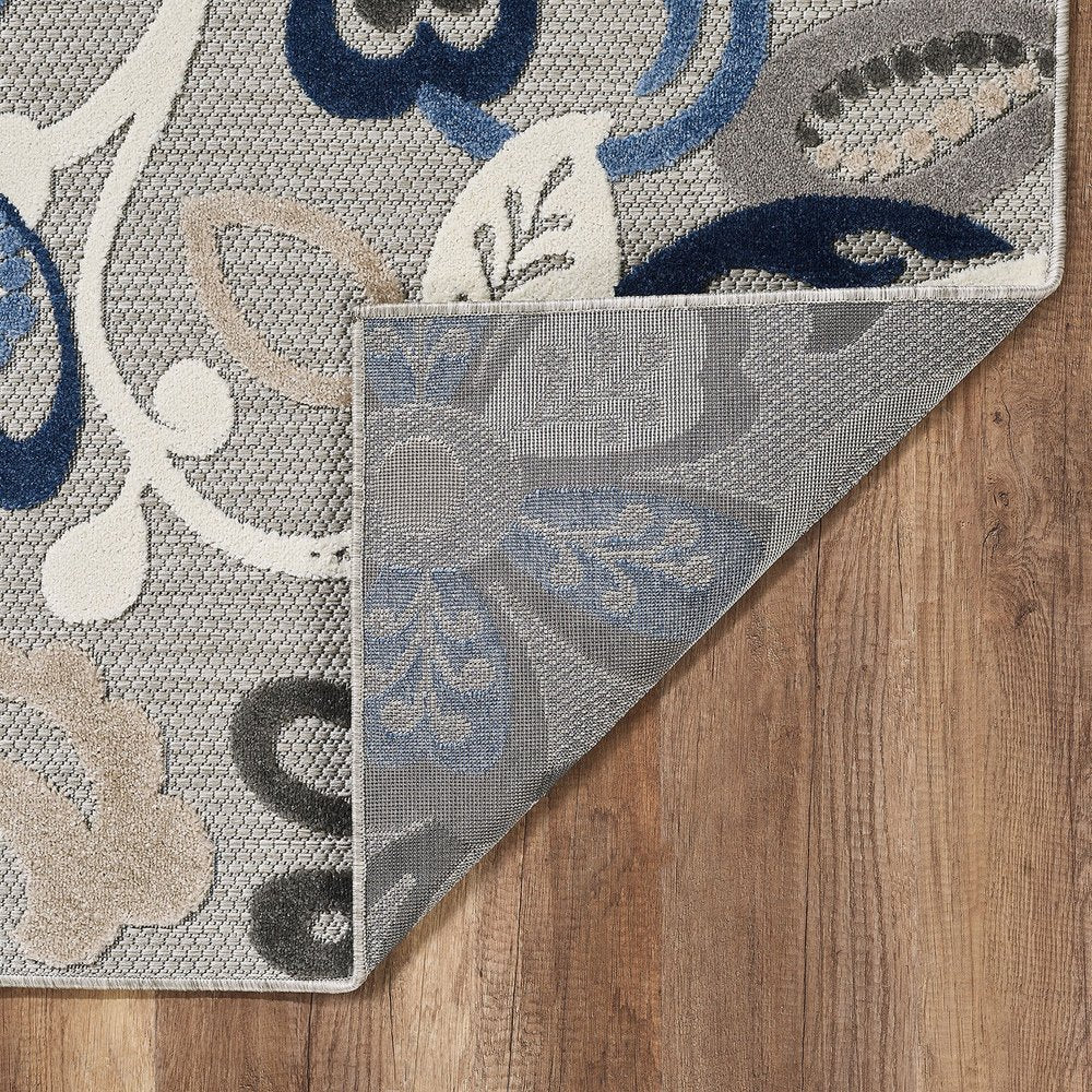 5' X 7' Blue And Gray Floral Indoor Outdoor Area Rug
