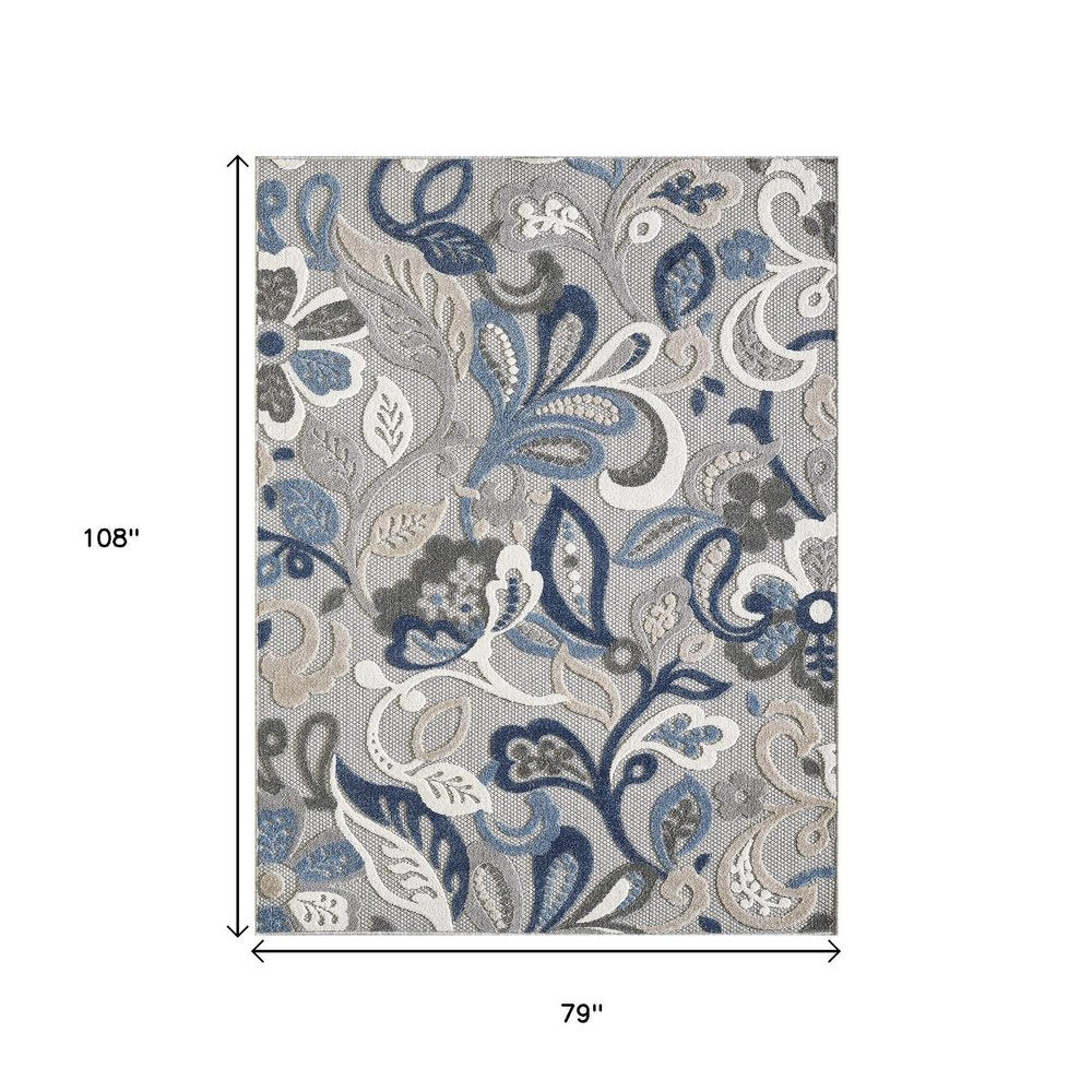 7’ X 9’ Blue Gray Jacobean Floral Indoor Outdoor Area Rug