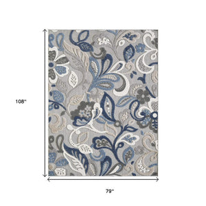 7’ X 9’ Blue Gray Jacobean Floral Indoor Outdoor Area Rug
