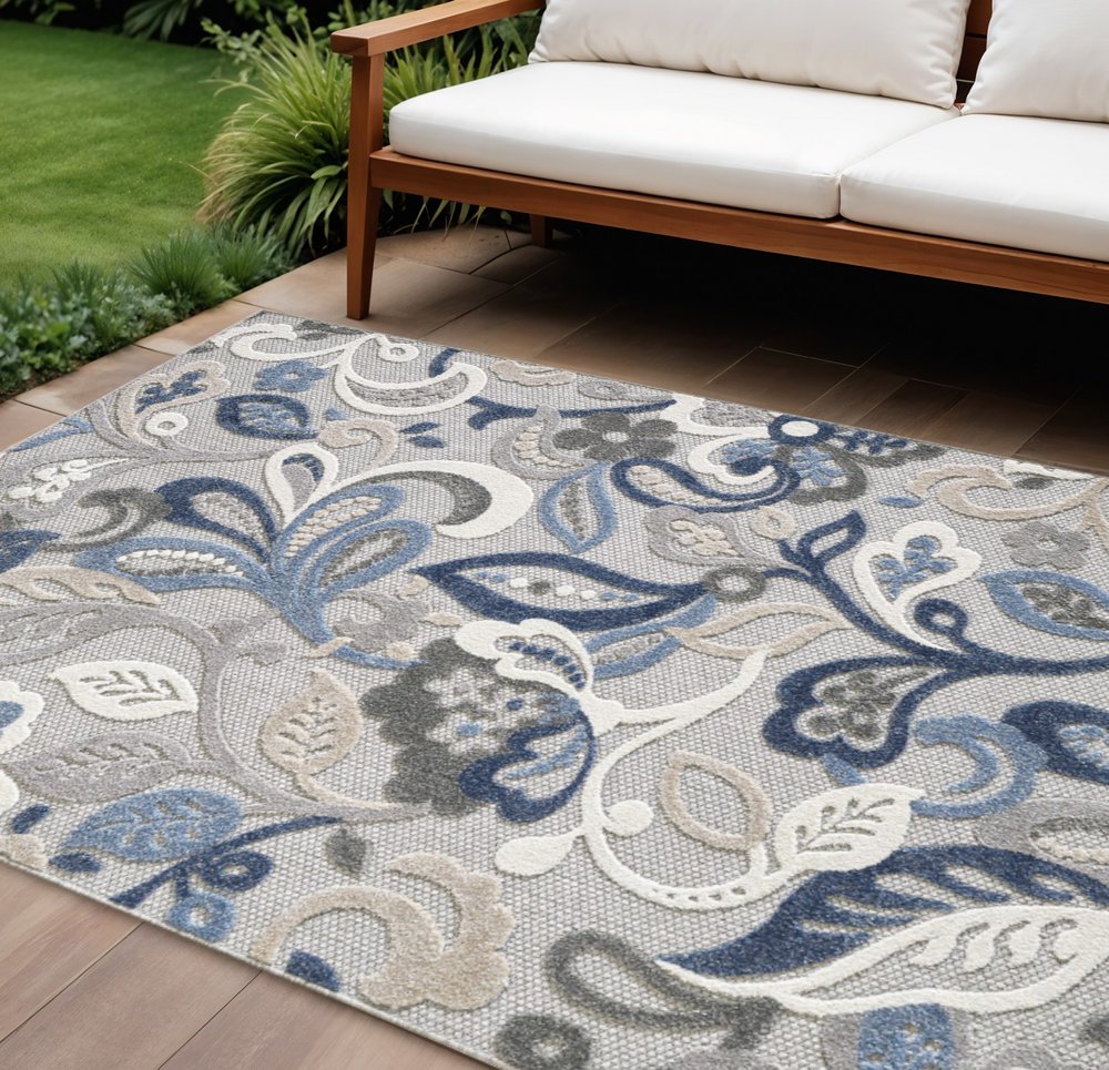 7’ X 9’ Blue Gray Jacobean Floral Indoor Outdoor Area Rug