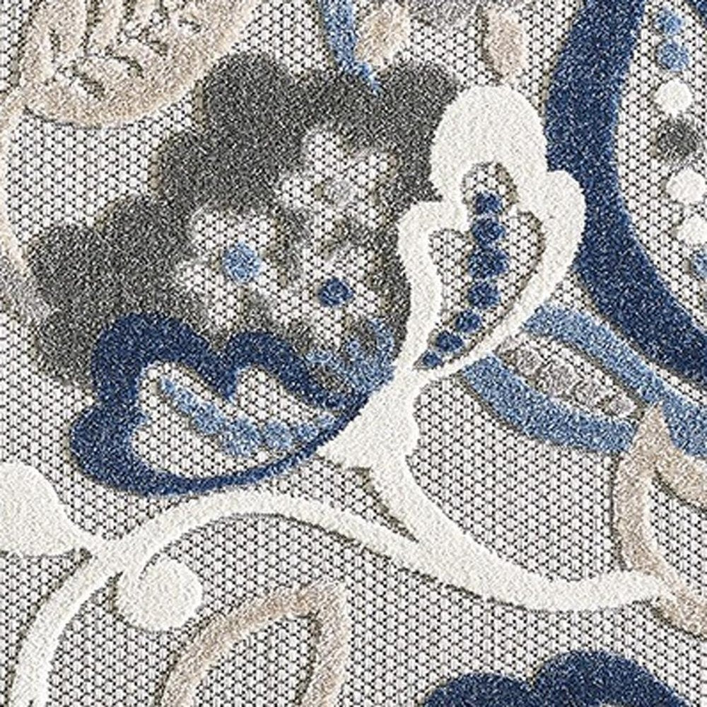 7’ X 9’ Blue Gray Jacobean Floral Indoor Outdoor Area Rug