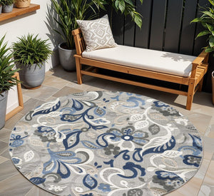 8’ Round Blue Gray Jacobean Floral Indoor Outdoor Area Rug