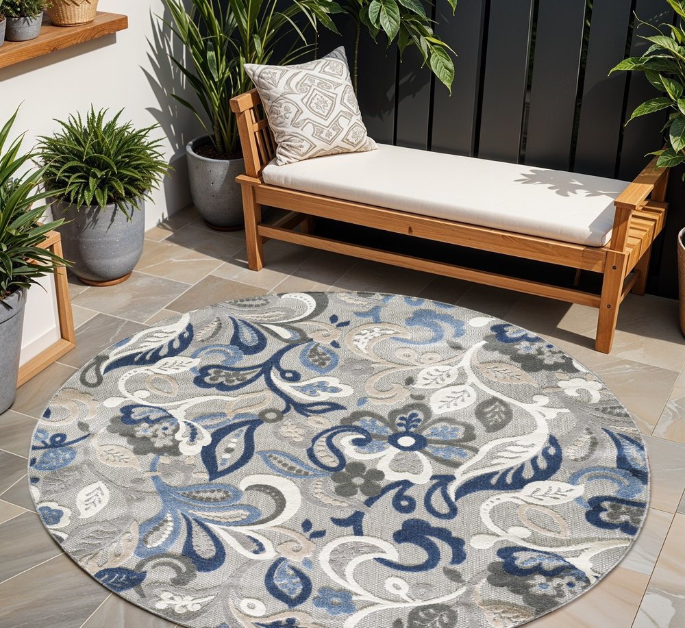 8’ Round Blue Gray Jacobean Floral Indoor Outdoor Area Rug