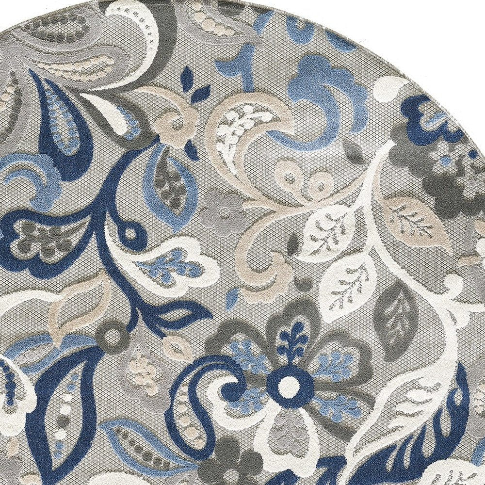8’ Round Blue Gray Jacobean Floral Indoor Outdoor Area Rug