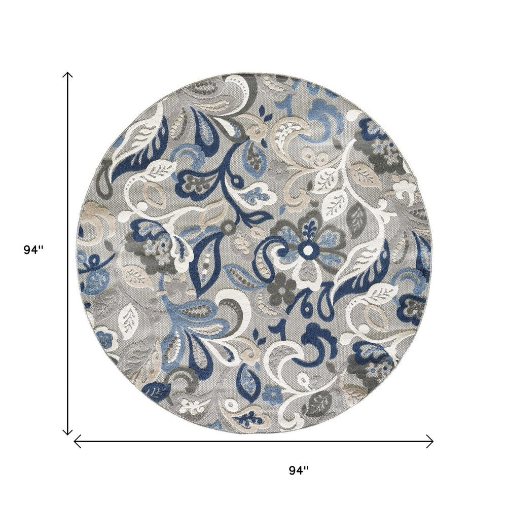 8’ Round Blue Gray Jacobean Floral Indoor Outdoor Area Rug