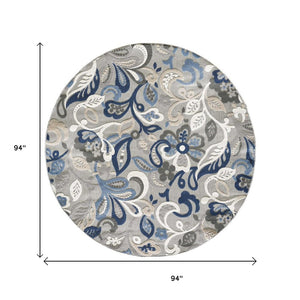 8’ Round Blue Gray Jacobean Floral Indoor Outdoor Area Rug