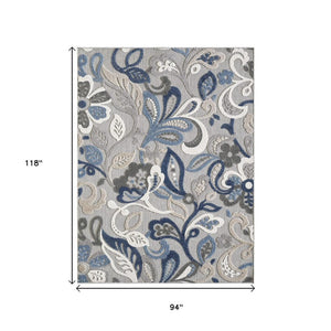 8' X 10' Blue And Gray Floral Stain Resistant Indoor Outdoor Area Rug