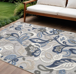 8' X 10' Blue And Gray Floral Stain Resistant Indoor Outdoor Area Rug