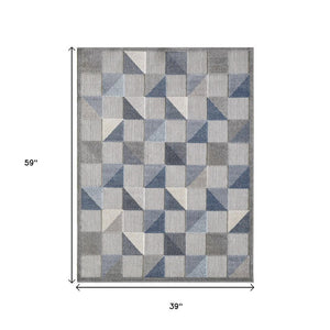 3' X 5' Blue And Gray Geometric Stain Resistant Indoor Outdoor Area Rug