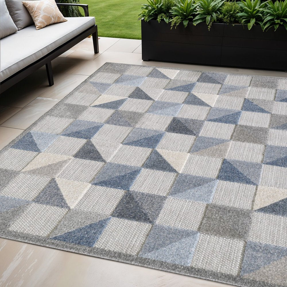 5' X 7' Blue And Gray Geometric Stain Resistant Indoor Outdoor Area Rug