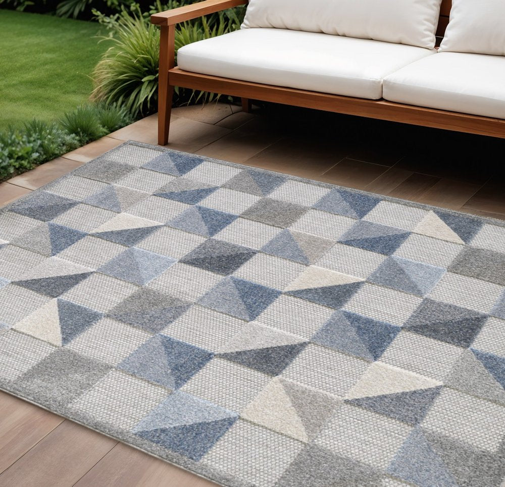 7' X 9' Blue Geometric Stain Resistant Indoor Outdoor Area Rug
