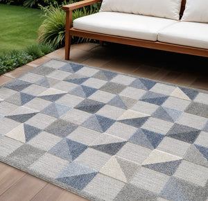 7' X 9' Blue Geometric Stain Resistant Indoor Outdoor Area Rug