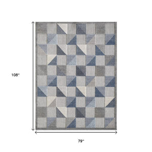 7' X 9' Blue Geometric Stain Resistant Indoor Outdoor Area Rug