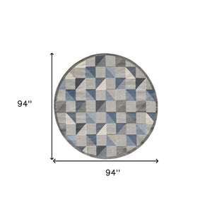 8' Round Blue And Gray Round Geometric Stain Resistant Indoor Outdoor Area Rug