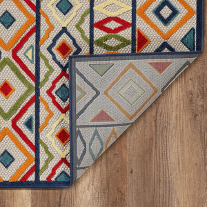 5' X 7' Ivory And Blue Southwestern Stain Resistant Indoor Outdoor Area Rug