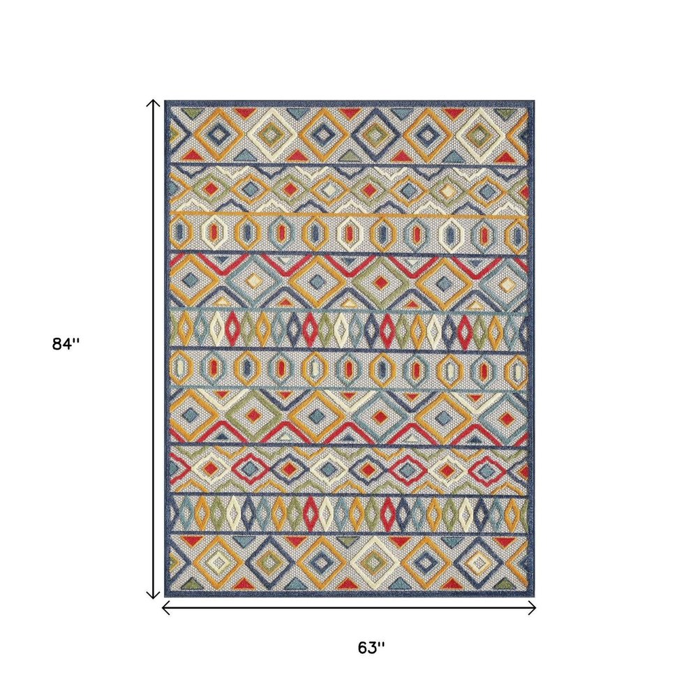 5' X 7' Ivory And Blue Southwestern Stain Resistant Indoor Outdoor Area Rug