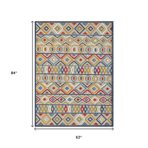 5' X 7' Ivory And Blue Southwestern Stain Resistant Indoor Outdoor Area Rug