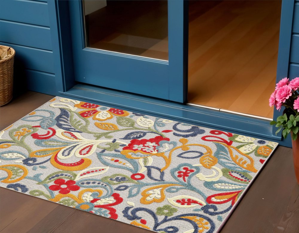 2' X 4' Ivory And Blue Floral Stain Resistant Indoor Outdoor Area Rug