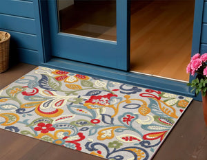 2' X 4' Ivory And Blue Floral Stain Resistant Indoor Outdoor Area Rug