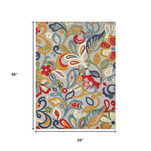 2' X 4' Ivory And Blue Floral Stain Resistant Indoor Outdoor Area Rug