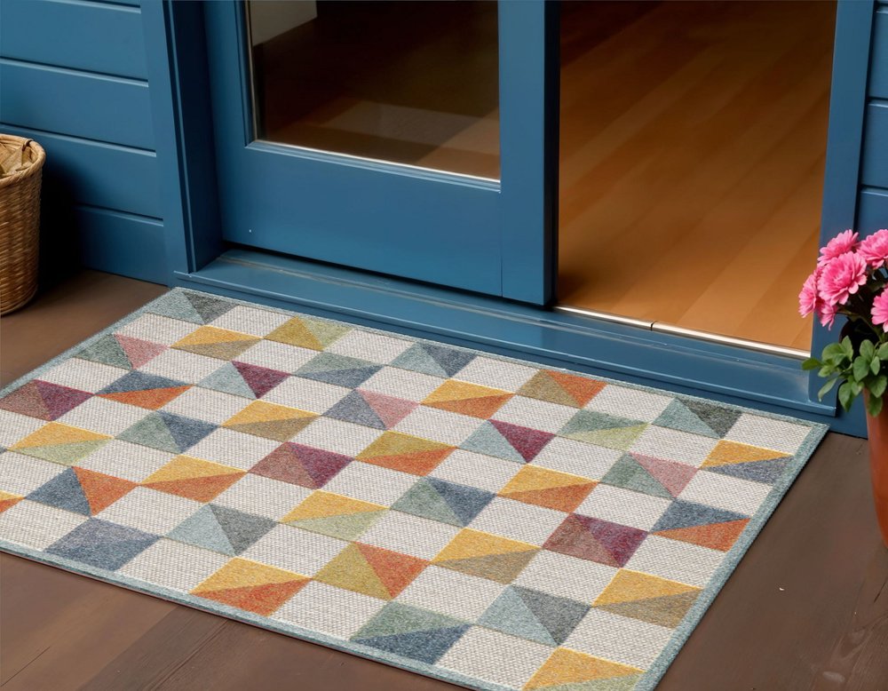 3' X 5' Ivory Geometric Stain Resistant Indoor Outdoor Area Rug
