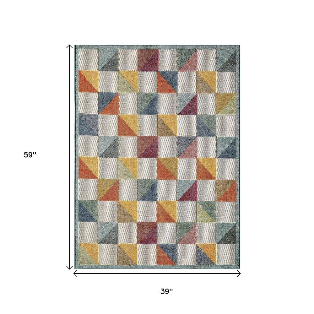 3' X 5' Ivory Geometric Stain Resistant Indoor Outdoor Area Rug
