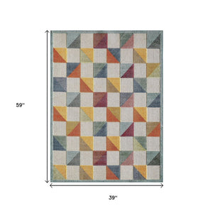 3' X 5' Ivory Geometric Stain Resistant Indoor Outdoor Area Rug