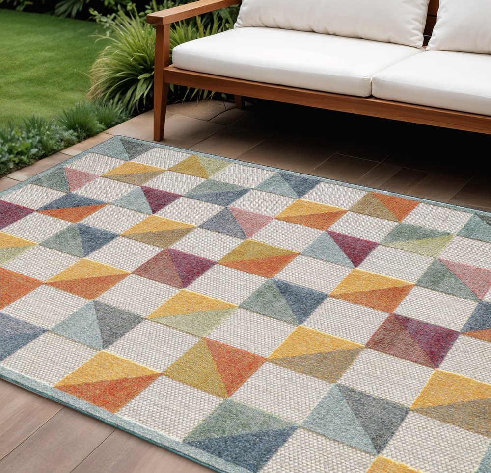 7' X 9' Orange And Ivory Indoor Outdoor Area Rug