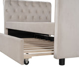Beige Wood Tufted Upholstered Twin Bed Frame with Trundle