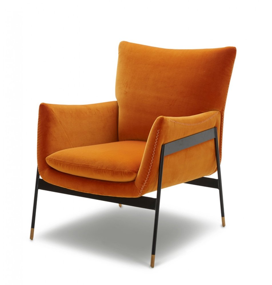 26" Orange And Black Velvet Wingback Chair