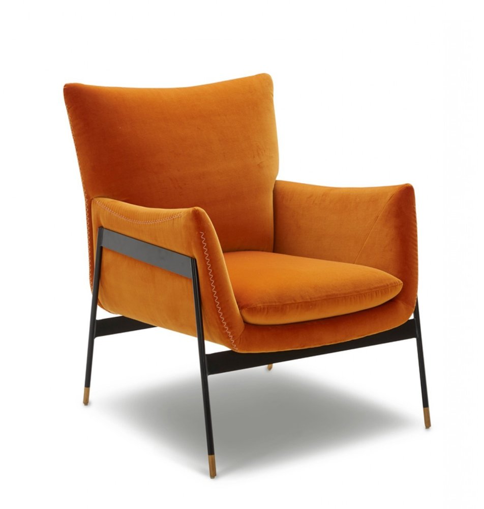 26" Orange And Black Velvet Wingback Chair