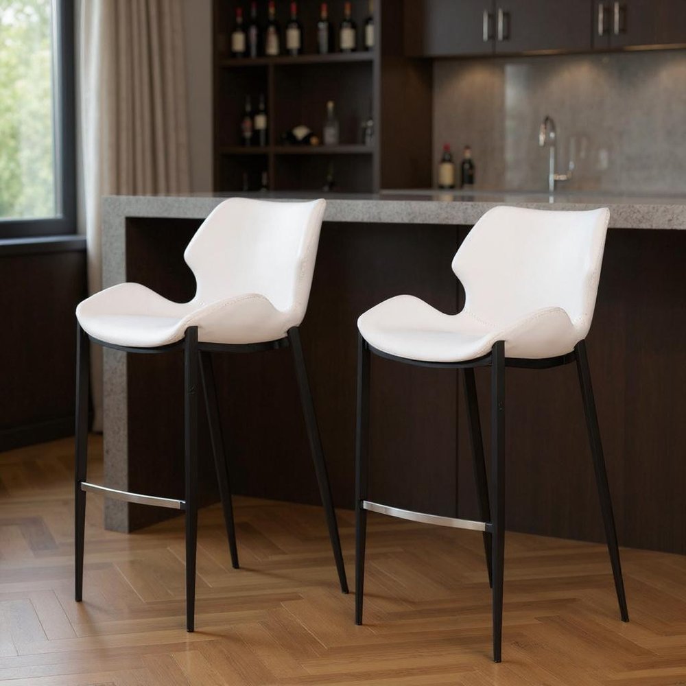 Set of Two 30" White And Black Faux Leather And Steel Low Back Bar Height Bar Chairs