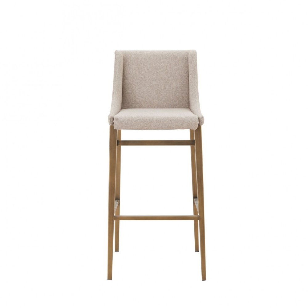 Set of Two 31" Beige and Gold Fabric and Stainless Steel Bar Height Bar Chairs