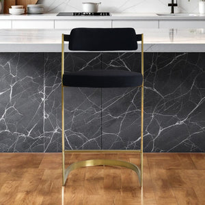26" Black And Gold Velvet And Steel Low Back Counter Height Bar Chair