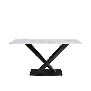63" Modern Artificial Stone Straight Edge Metal X-Leg Dining Table, 6 People - White / Black by Couch.com