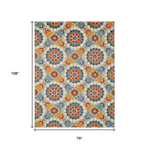 7' X 9' Orange And Ivory Moroccan Stain Resistant Indoor Outdoor Area Rug