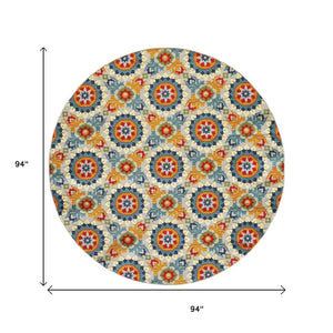 8' Round Orange And Ivory Round Moroccan Stain Resistant Indoor Outdoor Area Rug