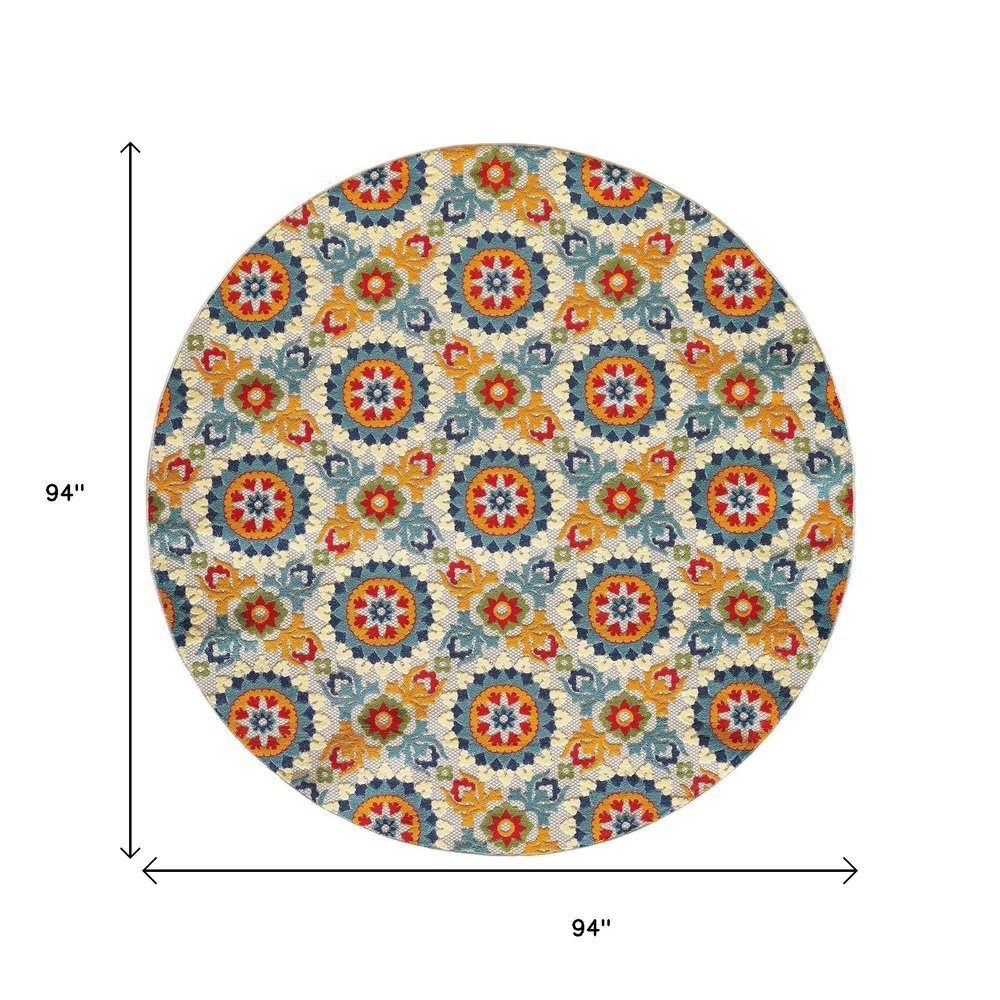 8' Round Orange And Ivory Round Moroccan Stain Resistant Indoor Outdoor Area Rug