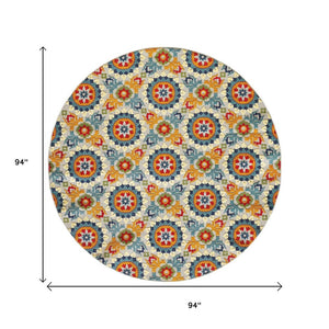 8' Round Orange And Ivory Round Moroccan Stain Resistant Indoor Outdoor Area Rug