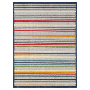 8' X 10' Ivory And Blue Striped Stain Resistant Indoor Outdoor Area Rug