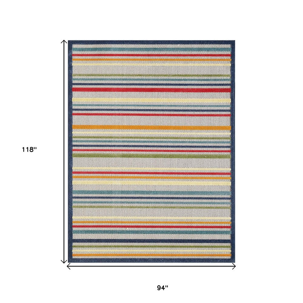 8' X 10' Ivory And Blue Striped Stain Resistant Indoor Outdoor Area Rug