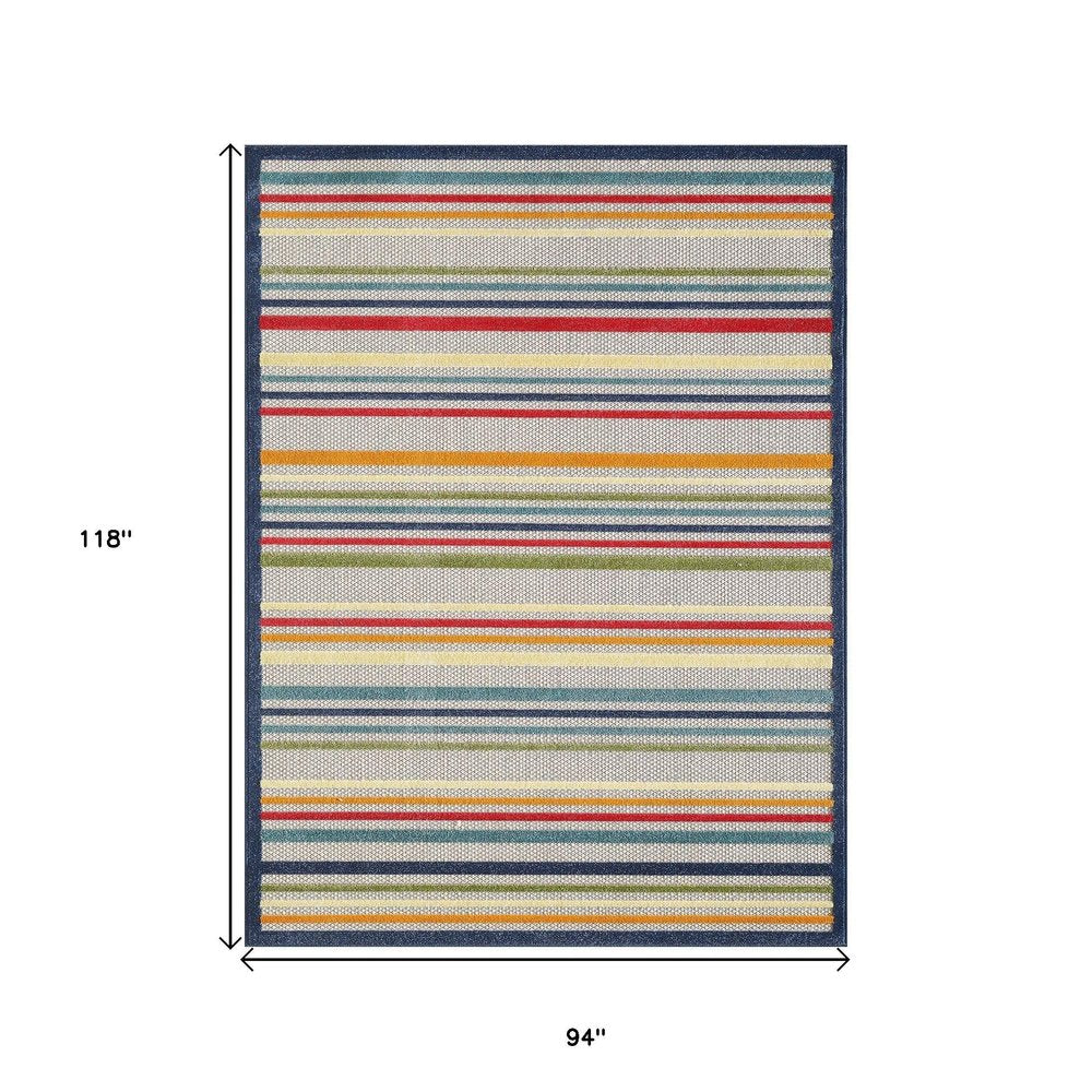 8' X 10' Ivory And Blue Striped Stain Resistant Indoor Outdoor Area Rug