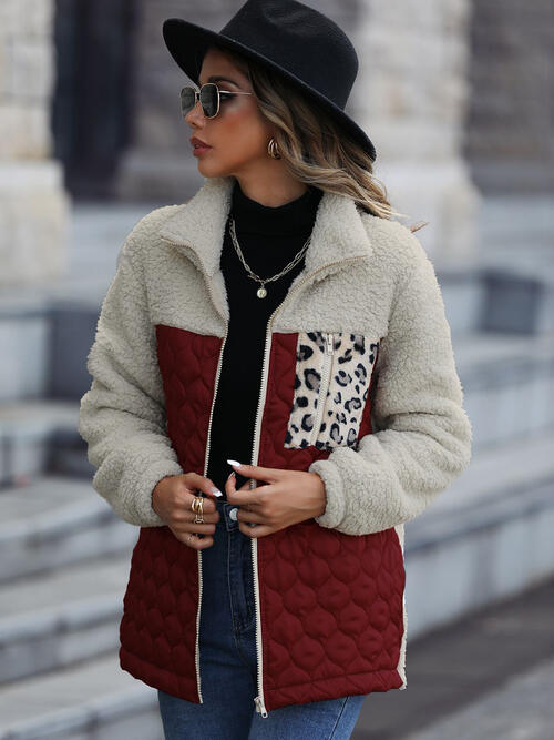 Unique Autumn Leopard Color Block Zip-Up Jacket Trendy Lightweight Jacket with Pockets Charming Winter Jacket
