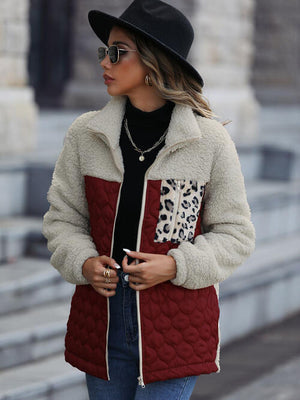 Unique Autumn Leopard Color Block Zip-Up Jacket Trendy Lightweight Jacket with Pockets Charming Winter Jacket