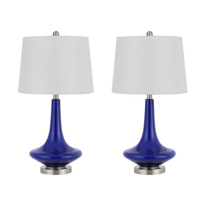 Set Of Two 26" Silver Metal Two Light Bedside Table Lamps With White Globe Shade
