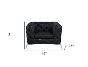 45" Black And Silver Italian Leather Tufted Chesterfield Chair