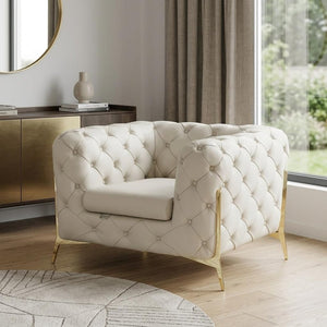 45" Beige And Gold Italian Leather Tufted Chesterfield Chair